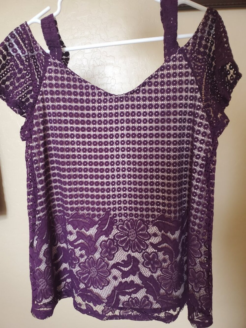 Purple Lace Off The Shoulder Cold Shoulder Lace Sleeve Blouse Top Shirt Lacy